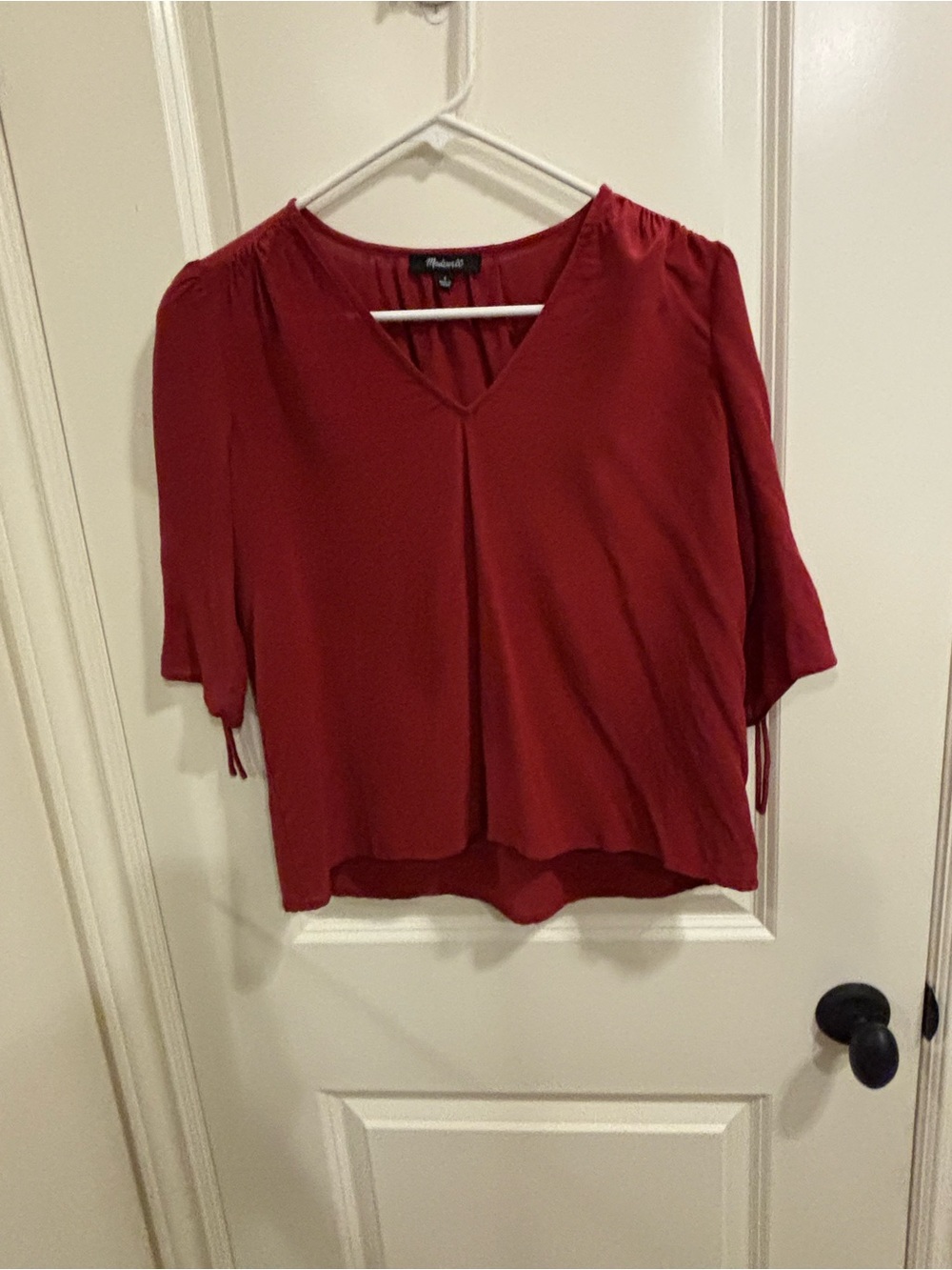 Madewell 100% Silk Blouse M Red V Neck Ruched Sleeve Draped Boho Top